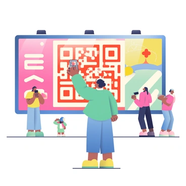 A person with light brown skin and short black hair is standing in front of a large, vibrant billboard that displays a colorful advertisement. The billboard features bold graphics and bright colors, attracting attention. The person is holding a smartphone up, with their right hand extended toward the large QR code prominently displayed in the center of the billboard. The smartphone screen is illuminated, reflecting the colors from the advertisement. Around the person, there are various pedestrians engaged in different activities, adding to the lively atmosphere of the scene.