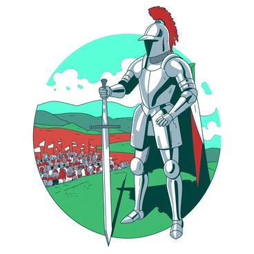 A knight in shining silver armor stands proudly on a green hilltop, overlooking a vast battlefield below. The armor glistens in the sunlight, reflecting hints of teal from the skies above. The knight's helmet has a plume of red feathers that cascades down the back. In the distance, several banners wave amidst the chaos of the battlefield, their colors contrasting against the landscape. The knight holds a gleaming sword in one hand, pointing it forward, while the other hand rests confidently on the hilt. The expression on the knight's face is determined, embodying the spirit of a brave warrior ready for battle.