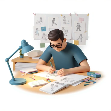 An animator meticulously sketching a walk cycle for a cartoon character
