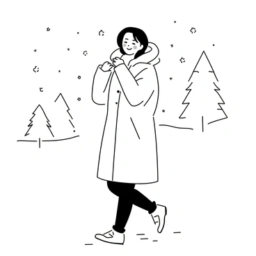 A woman is bundled up in a thick winter coat, with a fur-lined hood framing her face. She is walking through a snowy landscape, surrounded by gently falling snowflakes. Her cheeks are slightly flushed from the cold, accentuating her peaceful smile. In the background, there are snow-covered trees creating a serene setting. The ground is blanketed in soft, white snow, and her boots leave tracks behind her as she walks.