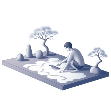 A tranquil zen garden is depicted, featuring smooth gravel arranged in intricate patterns. In the center, a person is carefully raking the sand, their focused expression highlighting the meditative state of the activity. Surrounding the garden are meticulously placed stones and a few well-groomed bonsai trees, which add to the harmony of the scene. A gentle breeze rustles the leaves, creating a sense of calm and serenity in the atmosphere.
