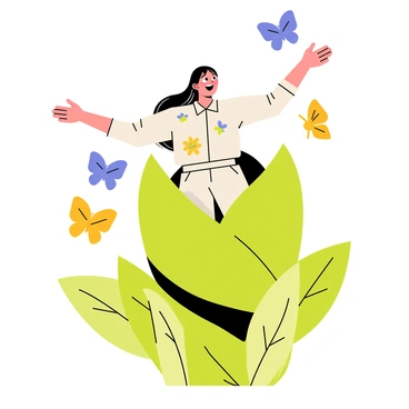 A person with long flowing hair is emerging from a green chrysalis, their arms stretched wide and a look of wonder on their face. Surrounding them are multiple colorful butterflies in shades of blue, yellow, and orange, fluttering around joyfully. The background features soft green leaves, enhancing the natural setting of the scene. Light filters through the leaves, creating a magical atmosphere filled with vibrant colors. The person's outfit is adorned with subtle floral patterns, blending harmoniously with the surrounding nature.