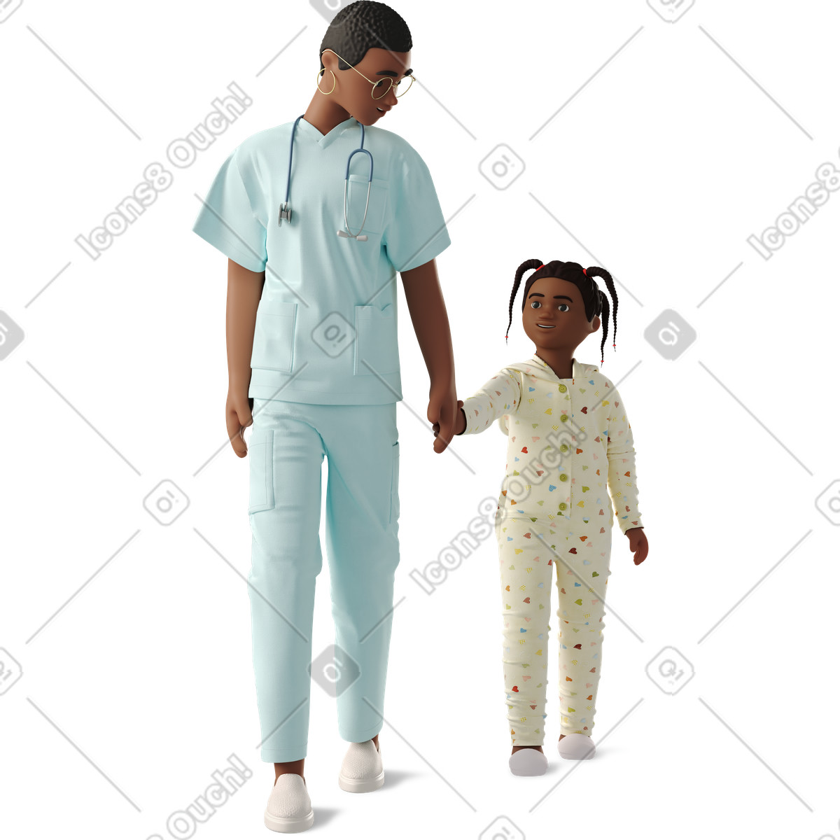 3D Business スタイルの Doctor holding child's hand のイラストをPNG、SVG形式でダウンロード
