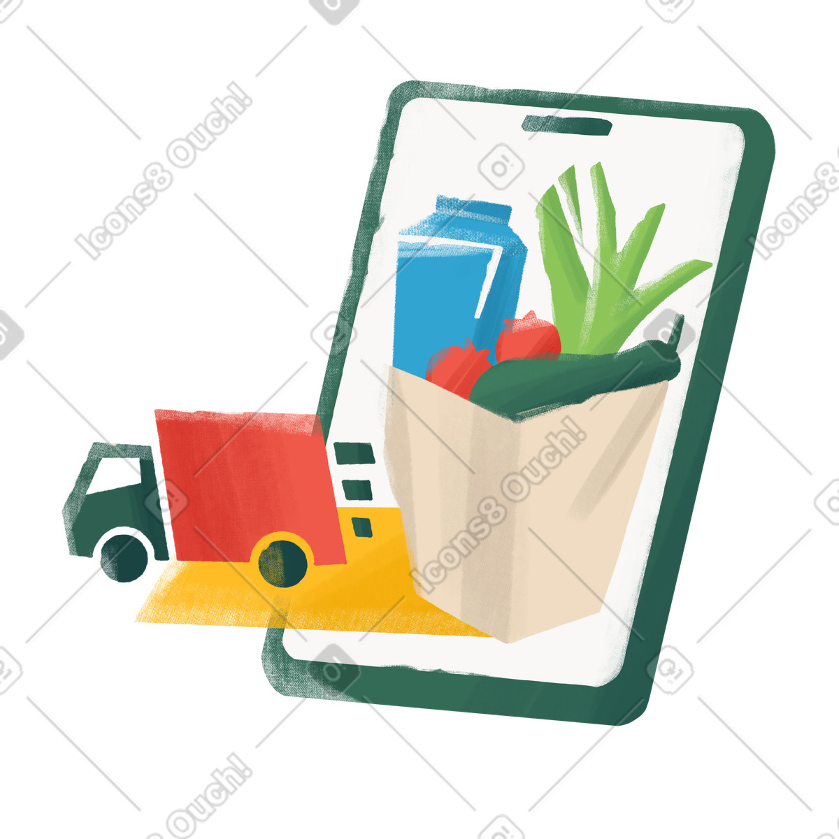 Illustration Commande de courses via smartphone et livraison en voiture à l'endroit souhaité dans le style Experimental télécharger aux formats PNG, SVG