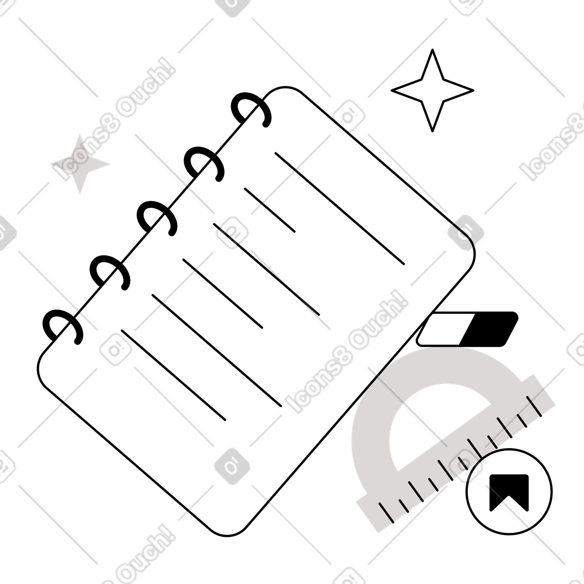 文具：记事本、量角器和橡皮擦插图，PNG、SVG格式