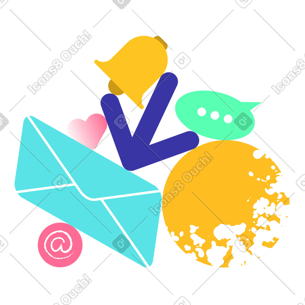 Envelope with notification bell and chat bubble, Online notifications and updates illustration in Bright style download in PNG, SVG