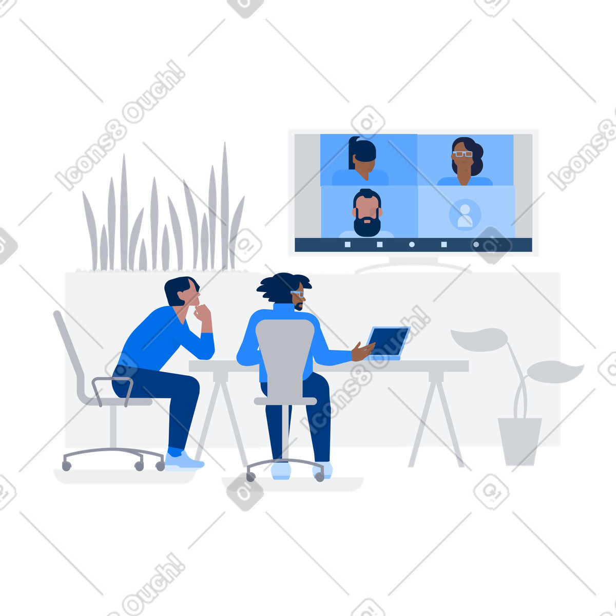 Hybrid video conferencing meeting, Virtual teamwork and communication-Illustration im Urban-Stil als Download in PNG, SVG