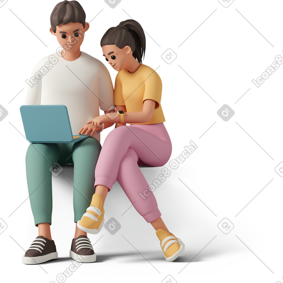 Ragazza e ragazzo che si siedono con il computer portatile illustrazione in stile 3D Casual life scarica in PNG, SVG