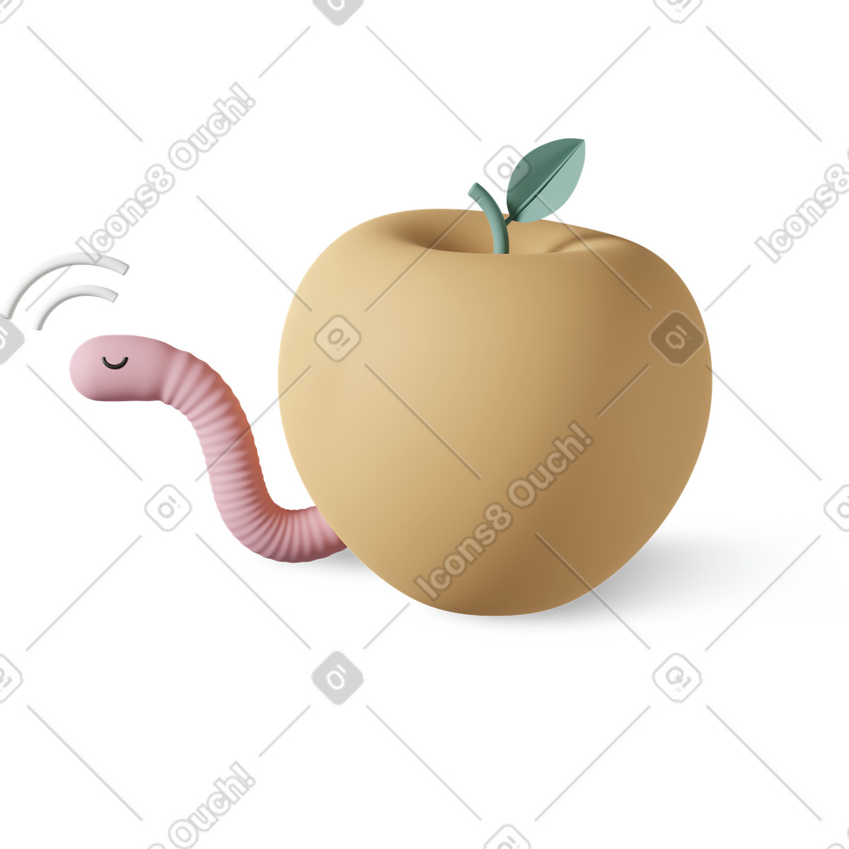 3D Casual life スタイルの Apple with worm のイラストをPNG、SVG形式でダウンロード