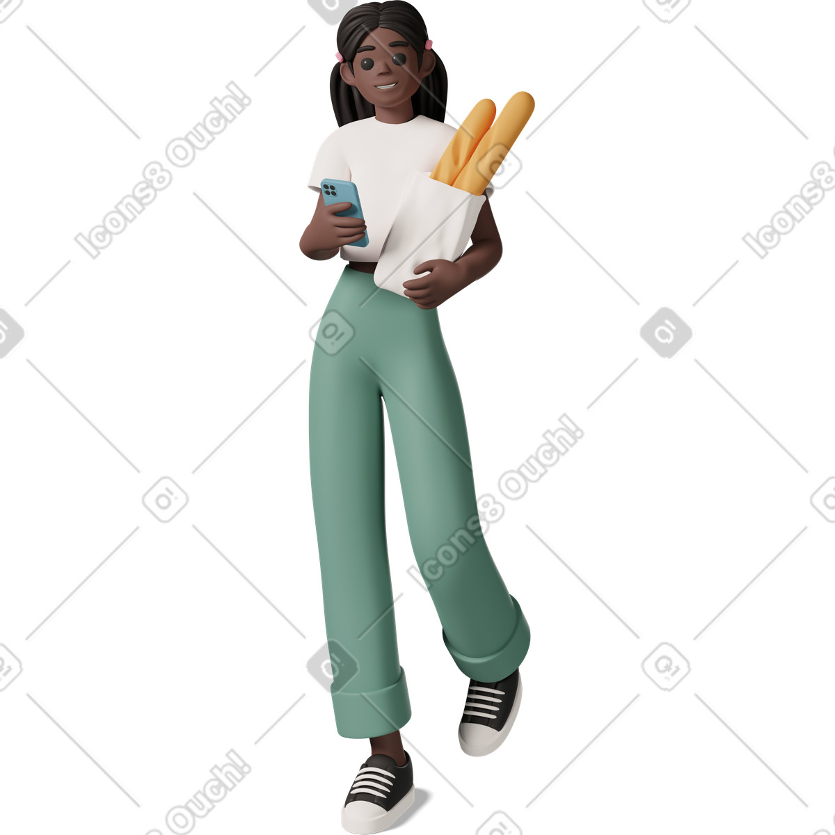 Black girl holding baguette and phone illustration in PNG, SVG