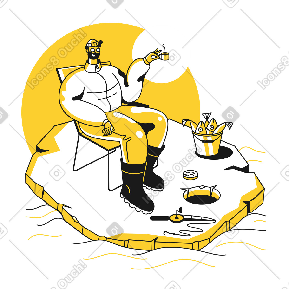 Fisher relaxing with hot drink on frozen lake, Coffee break while ice fishing illustration in Taxi style download in PNG, SVG