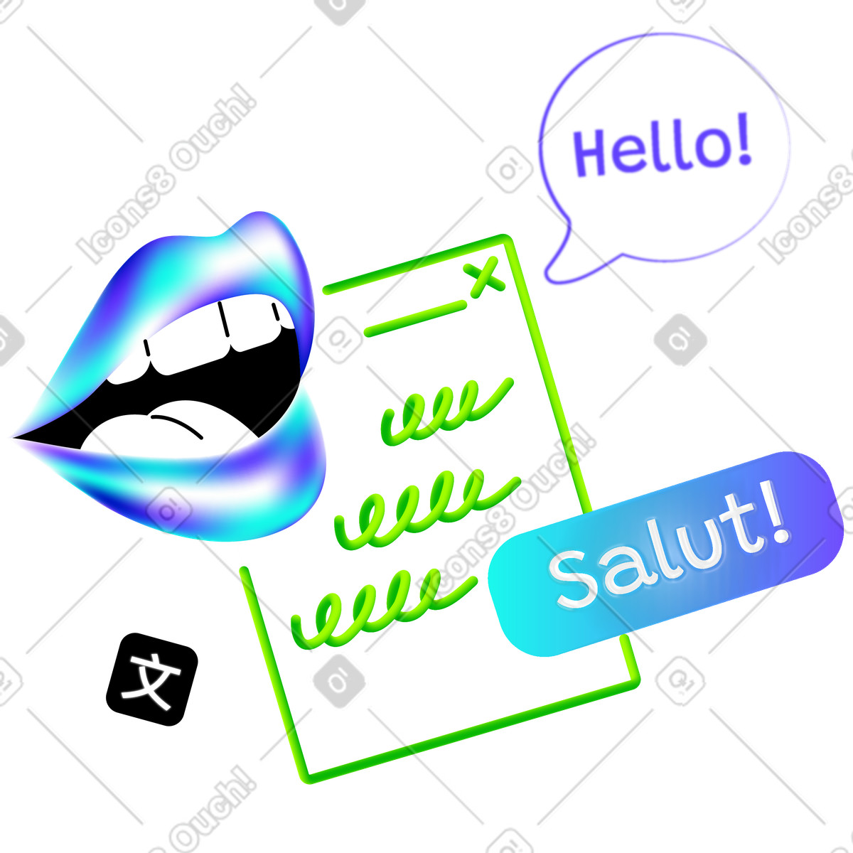 Foreign speech practice with Hello and Salut bubbles, Language learning speaking skills-Illustration im Pure-Stil als Download in PNG, SVG
