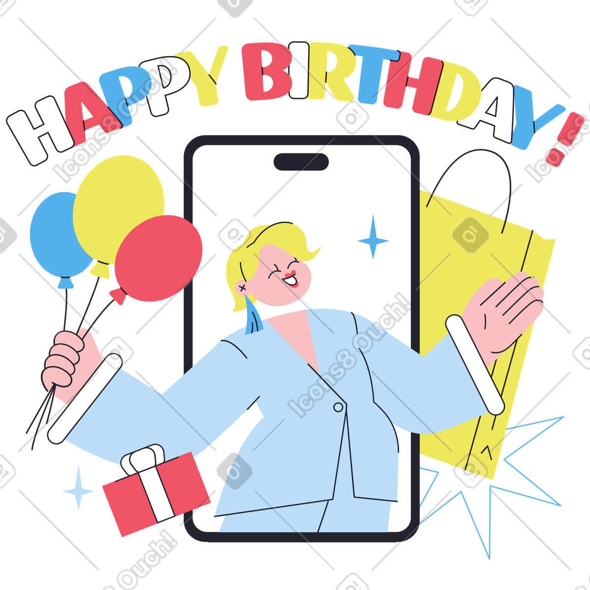 Boba 스타일의 Colorful happy birthday lettering, Online greeting card 일러스트레이션 PNG, SVG 다운로드