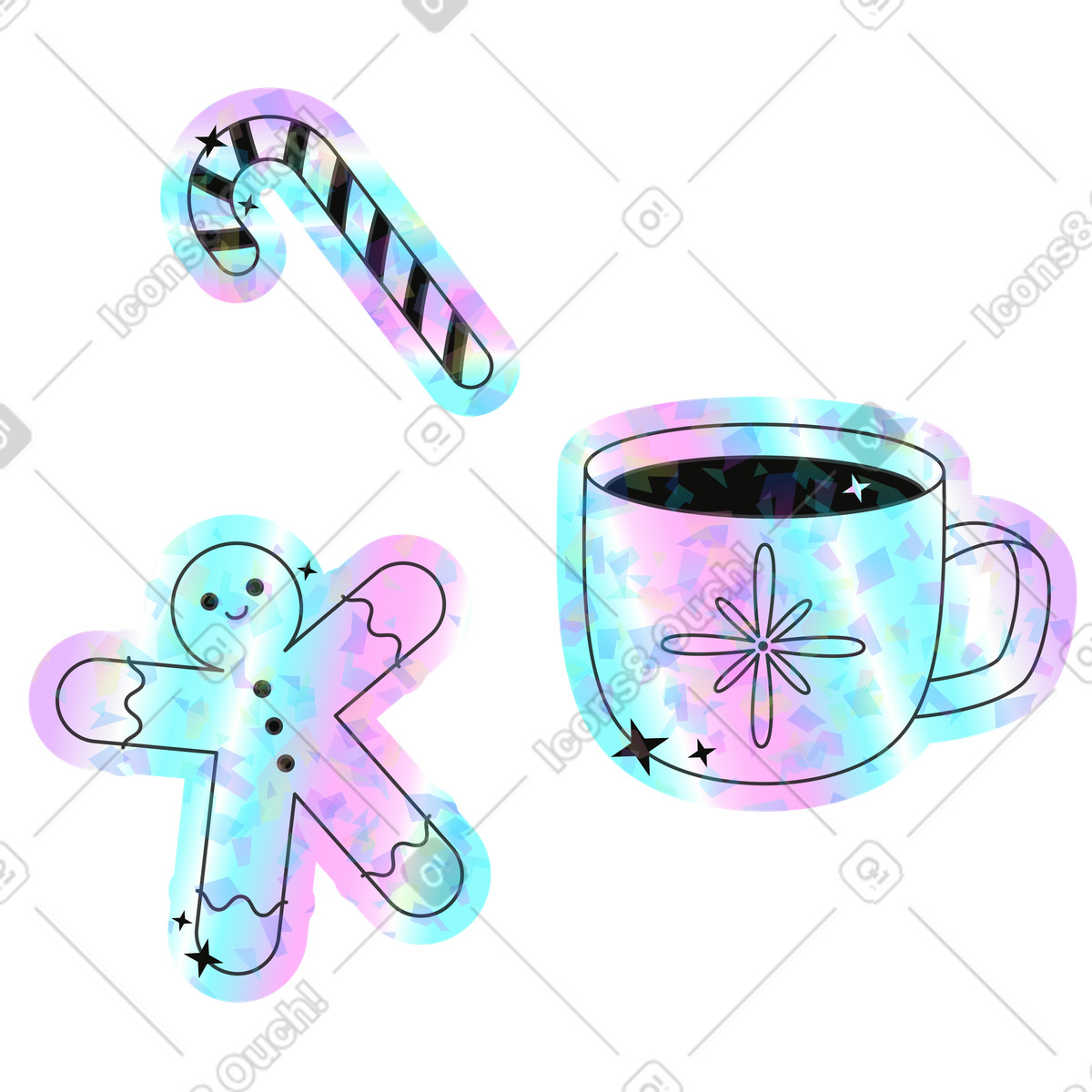 Holostickers スタイルの Mug, gingerbread man and candy cane のイラストをPNG、SVG形式でダウンロード