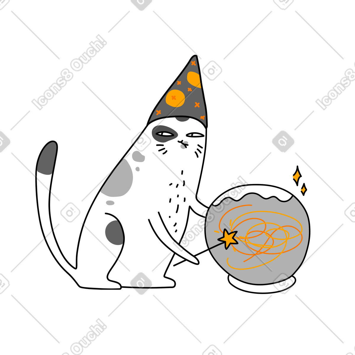 Illustration Chat sorcier jetant un sort sur bocal à poissons dans le style Purr télécharger aux formats PNG, SVG