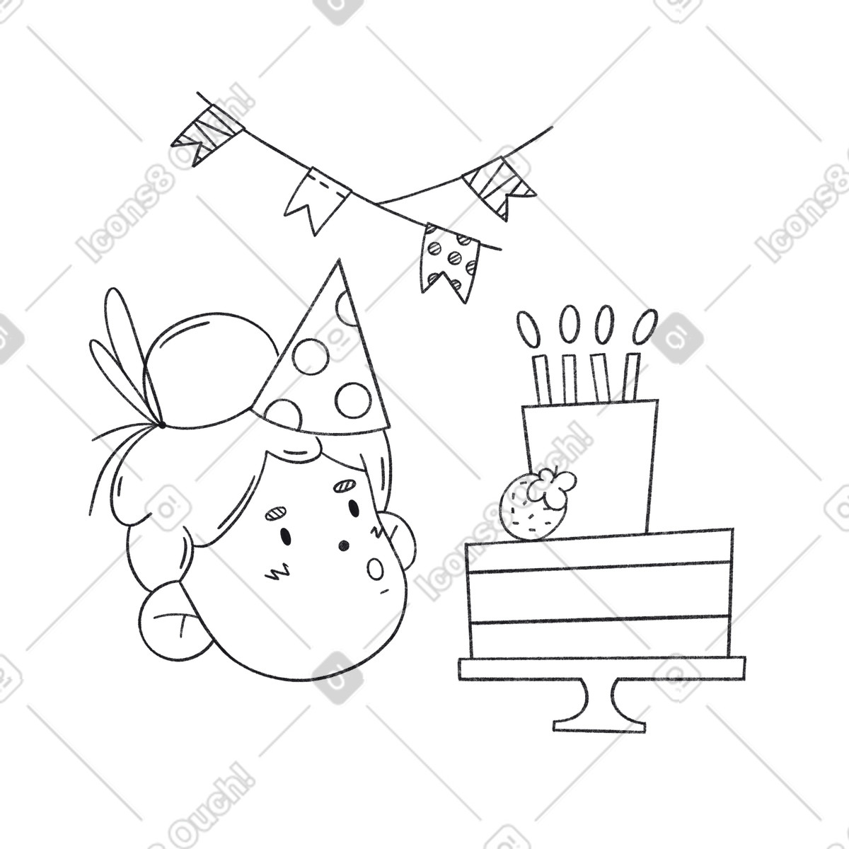 Bonbon Line スタイルの Birthday party with cake and decorations, Celebration tradition のイラストをPNG、SVG形式でダウンロード