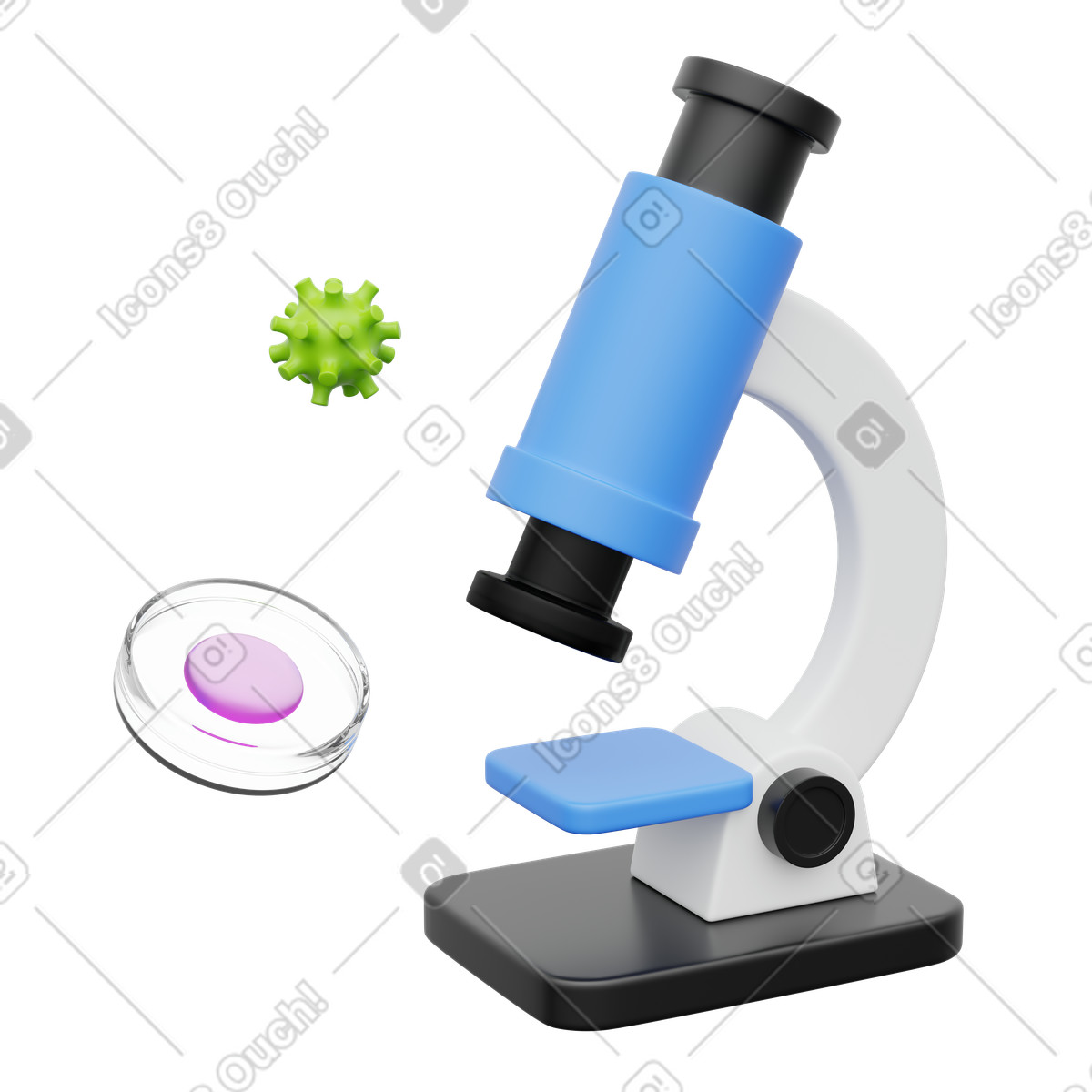 Medical science, Microbiology research, Microscope with petri dish and virus illustration in 3D Playful style download in PNG, SVG