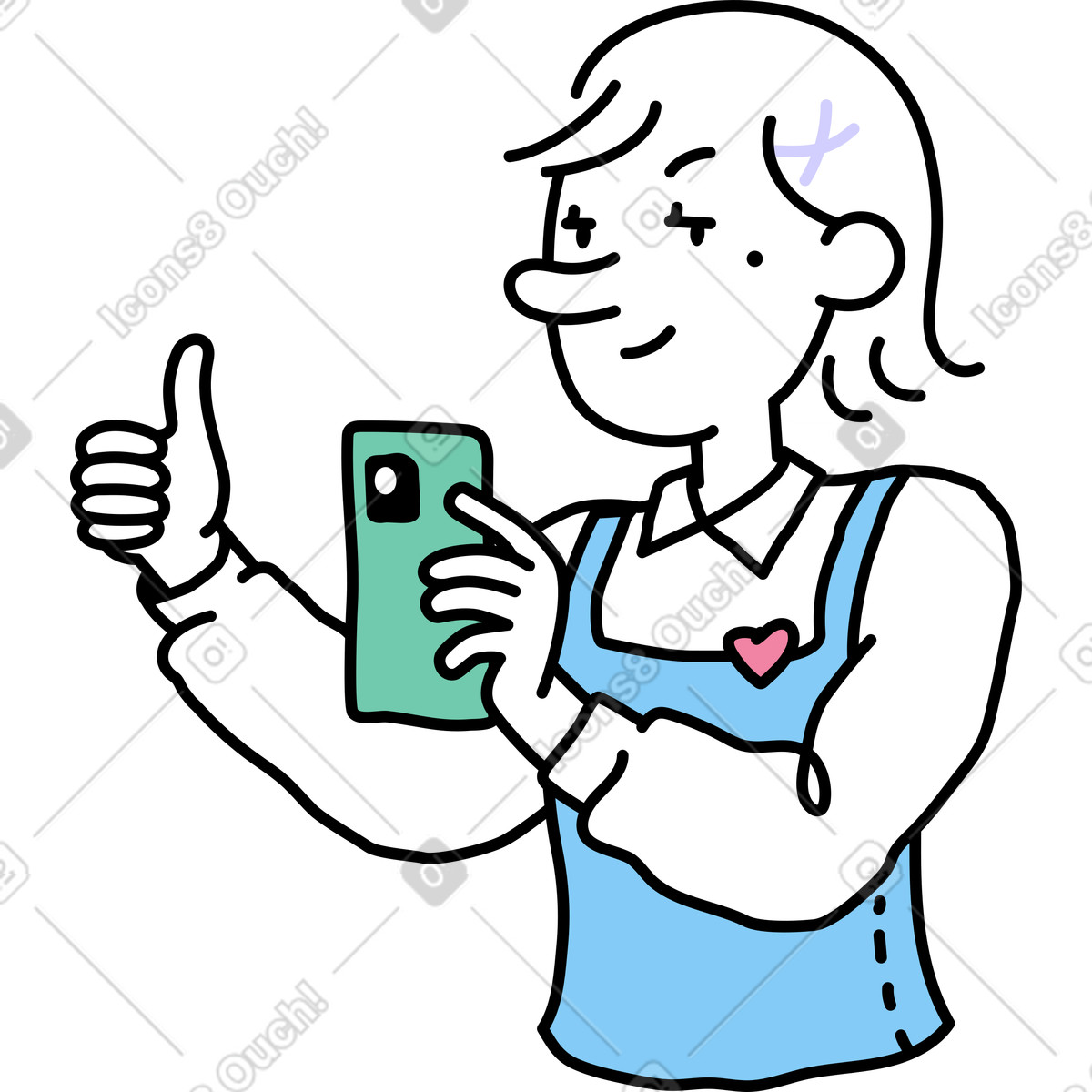Junge frau macht ein foto und gibt einen daumen hoch-Illustration im Notes-Stil als Download in PNG, SVG