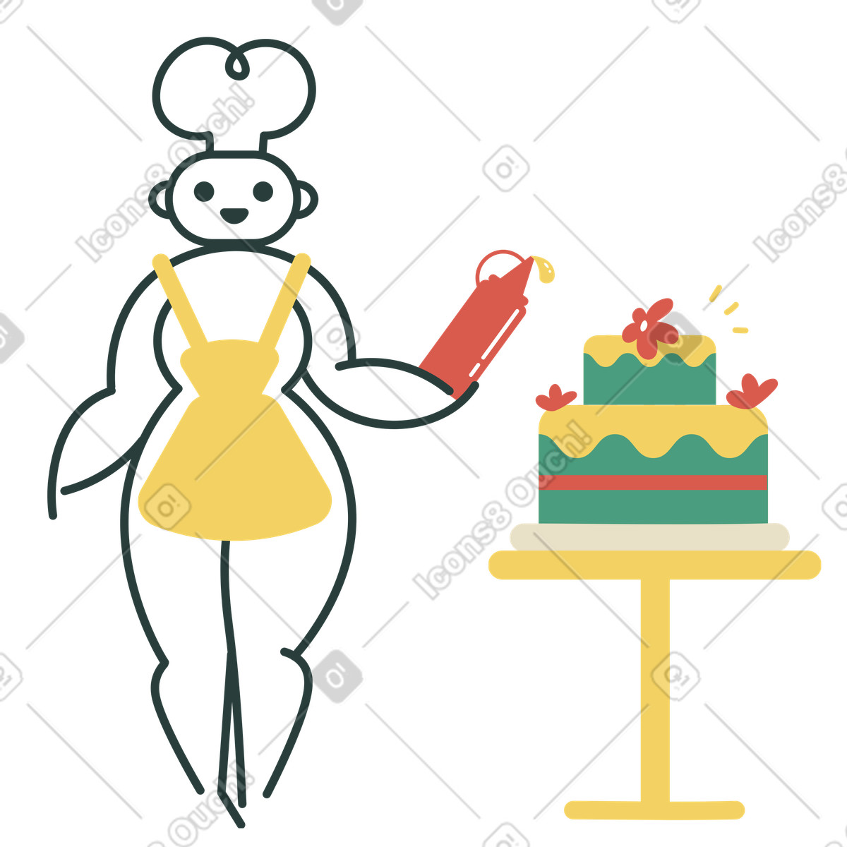 Illustration Robot boulanger décorant un gâteau dans le style Macaroni à télécharger aux formats PNG, SVG
