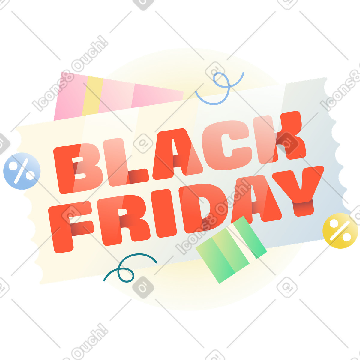 Illustration Lettrage black friday sur le coupon avec des boîtes et du texte de signe pourcentages dans style Beam à télécharger aux formats PNG, SVG
