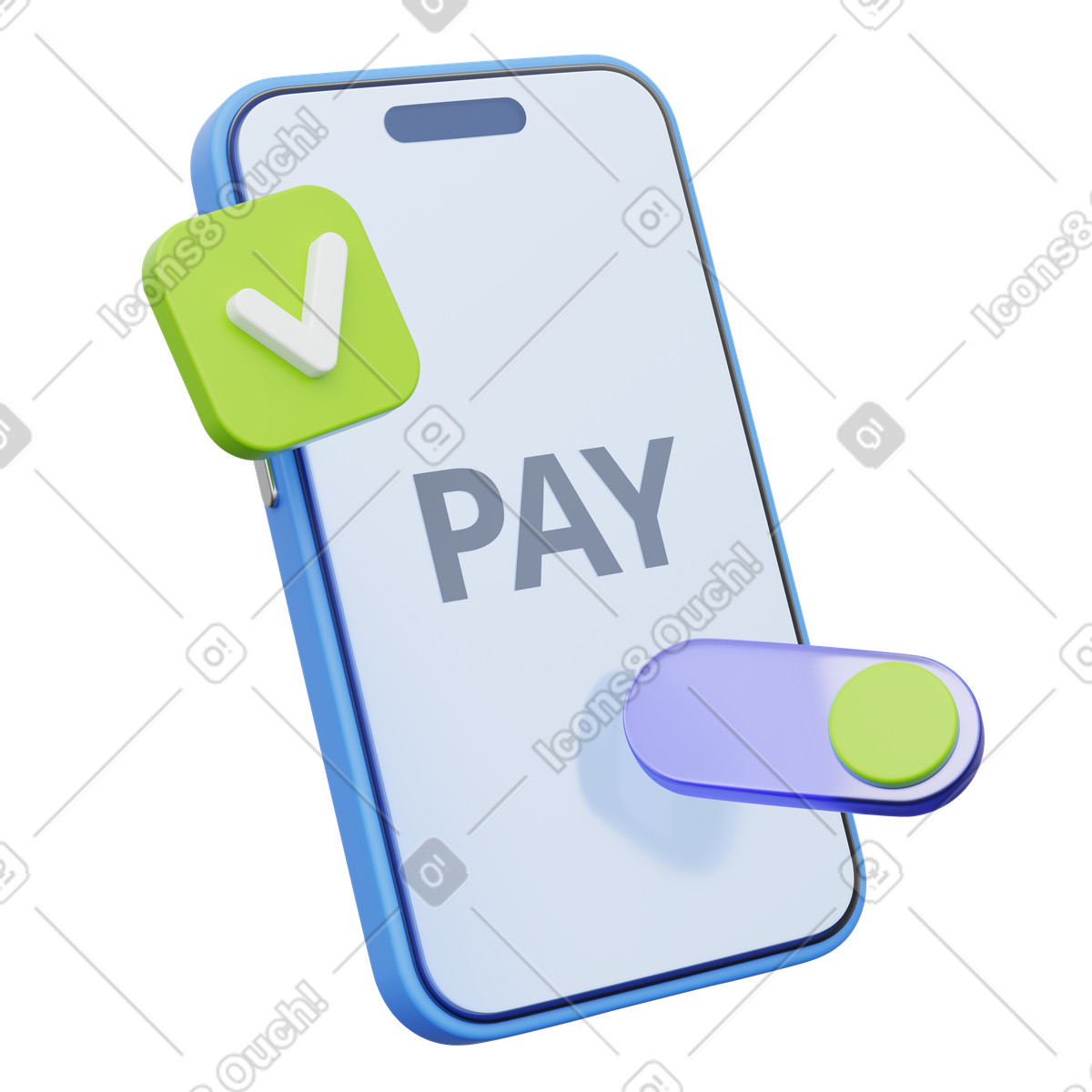 Mobile pay button, Phone with slider toggle, Digital checkout interface illustration in 3D Playful style download in PNG, SVG