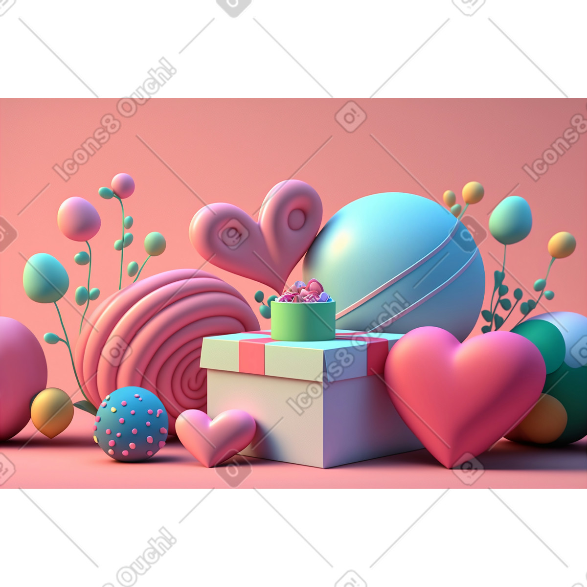 Priorità bassa di giorno biglietti s. valentino 3d con il contenitore regalo ed i cuori illustrazione in stile Experimental scarica in PNG, SVG