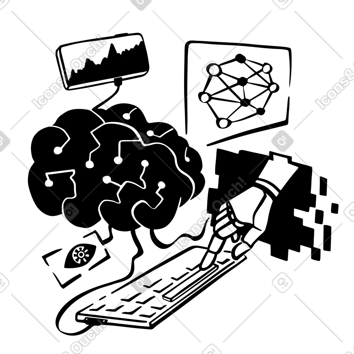 Artificial intelligence and its functions, AI applications functionality illustration in Line style download in PNG, SVG
