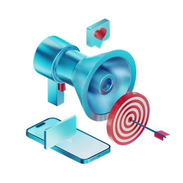 A megaphone with a target and smartphone - 3D Glare style illustration