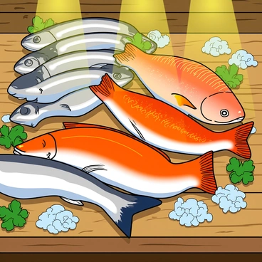 A colorful display of freshly caught fish arranged on a wooden table. Various types of fish, including shiny silver salmon and bright orange trout, are glistening under the warm yellow market lights. The fish have their scales shimmering, showcasing their freshness. Surrounding the fish are small piles of crushed ice, adding a cool contrast to the vibrant colors. There are green garnishes, such as parsley, placed around the fish to enhance the visual appeal. The wooden table has a rustic texture, highlighting the market atmosphere.