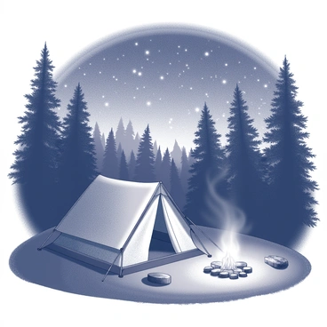 A campsite situated in a dense forest. The scene features a tent, with its entrance facing towards the viewer, showcasing a taut fabric structure. Nearby, there is a campfire with glowing embers, surrounded by a circle of smooth stones. A few logs are placed around the fire for seating. Above, the night sky is filled with countless stars twinkling brightly. Silhouettes of tall trees frame the scene, their branches reaching upward against the starlit backdrop.