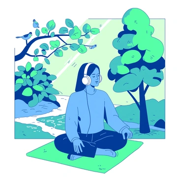 A blue person is sitting cross-legged on a soft green mat, eyes closed in deep concentration, while wearing large white headphones over their ears. Surrounding the person, there are lush green trees with vibrant leaves that provide a natural canopy. Soft rays of sunlight filter through the branches, creating a warm atmosphere. Nearby, a small, gentle stream flows, its water glistening in the light, while a few colorful birds perch on the branches above, filling the air with their soft chirping sounds. The scene captures tranquility and harmony with nature.