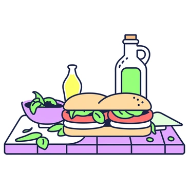 A sandwich is placed on a wooden picnic table. The sandwich is layered with fresh basil leaves, sliced tomatoes, and mozzarella cheese. The basil leaves are vibrant and lush, adding texture and color to the layers. The tomatoes are bright red and juicy, while the mozzarella is soft and creamy. Surrounding the sandwich are a few scattered crumbs and a green napkin. In the background, a bottle of olive oil with a green label sits beside a small dish containing balsamic vinegar.