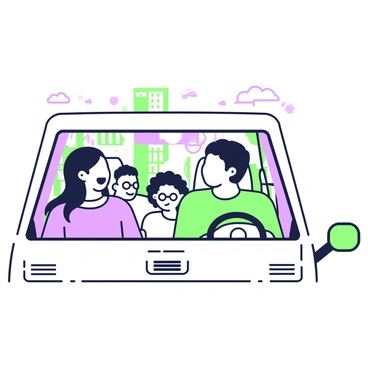 A group of four friends is sitting inside a vehicle, all smiling and enjoying their time together. The driver, a woman with long hair, is focused on the road ahead. The front passenger, a man with short hair, is leaning slightly forward, laughing. In the back seat, two friends, one with curly hair and another with glasses, are animatedly chatting. Outside the vehicle, a city skyline is visible, featuring tall buildings with various shapes and a clear sky overhead. The scene captures a joyful moment of camaraderie and adventure.