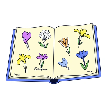 An open botanical illustration book is displayed on a flat surface. The left page showcases detailed drawings of various crocus species, each labeled with their names in elegant script. The illustrations include a purple crocus with yellow stamens, a white crocus with a delicate purple stripe, and a golden-yellow crocus with broad petals. The right page features more crocus illustrations, including a striped crocus and a deep blue variety. The pages are slightly yellowed, giving a vintage feel to the book. A soft light illuminates the pages, highlighting the intricate details of the flower drawings.