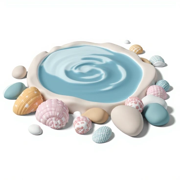 A collection of unique seashells and smooth pebbles scattered across a rocky surface. The seashells exhibit various colors and patterns, including spirals and ridges, while the pebbles vary in size and texture, showcasing earthy tones. The setting includes a glistening rock pool reflecting sunlight, with gentle ripples creating a serene ambiance. The bright blue sky is visible above, enhancing the vibrant colors of the seashells and pebbles.