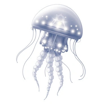 A futuristic mechanical jellyfish floats gracefully in a three-dimensional space. The jellyfish features a dome-shaped body with intricate geometric patterns, showcasing transparent sections that reveal complex internal mechanisms. Long, filament-like tentacles extend downward, equipped with glowing elements that pulse softly. Surrounding the jellyfish is a faint light emanating from its body, highlighting the intricate details of its construction. The mechanical aspects include gears and wires, all contributing to a sense of advanced technology.