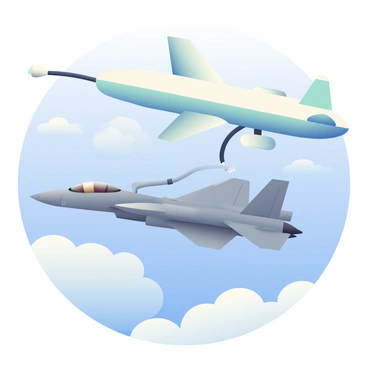 An F35 jet with a sleek gray body is flying in formation with a large aerial refueling tanker. The jet is positioned slightly below the tanker, with its refueling probe extended towards the hose. The tanker is painted in a light blue and white color scheme, and its wings are outstretched, showcasing additional fuel tanks. Below, a clear blue sky is visible, with fluffy white clouds scattered throughout. The sunlight reflects off the jet's metallic surfaces, highlighting its aerodynamic design.