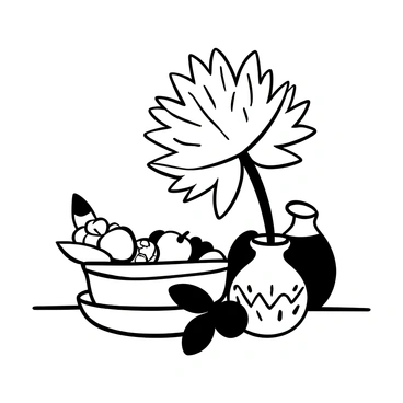 A King Protea with large, spiky petals is positioned prominently at the center of the composition. Surrounding the King Protea is a fruit bowl filled with various fruits, including apples, bananas, and grapes, arranged in an appealing manner. Next to the fruit bowl, there is a ceramic vase with a smooth, rounded shape, featuring intricate patterns etched into its surface. The entire scene is set on a simple table, enhancing the focus on the vibrant textures and shapes of the flowers, fruits, and vase.