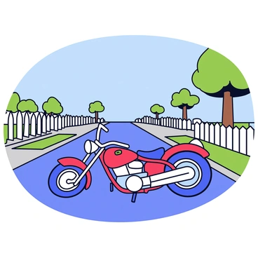 A tipped-over motorcycle lies on its side on a quiet suburban street. The motorcycle is red with chrome accents, and its wheels are slightly turned. Surrounding the street are neatly arranged picket fences painted white, providing a clean backdrop. Green grass is visible along the edges of the sidewalk, and a few trees can be seen in the distance, their leaves gently swaying. The atmosphere appears calm, with no other vehicles in sight. A clear blue sky is overhead.