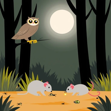 A nighttime forest scene with a clear, bright "full moon" illuminating the landscape. Tall, dark green trees frame the image, their silhouettes contrasting against the moonlight. On a sturdy branch, a "wise owl" with large yellow eyes is perched, observing its surroundings. Below, a small "mouse" is foraging on the ground, its fur a soft gray color with tiny pink ears. Scattered around the area are various "insects," including a few fireflies glowing softly and small beetles crawling on the leaf litter. The forest floor is covered in rich earth tones, with patches of grass and fallen leaves creating a textured environment.