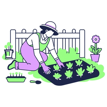 A gardener is kneeling in a garden bed that is neatly arranged. The gardener is wearing a wide-brimmed hat and gloves, and is planting flowers in the soil. There are various flower seedlings in green trays beside the gardener. The garden bed features a variety of shapes and sizes, with perfectly spaced rows for each flower type. A small watering can is placed nearby, alongside a trowel that the gardener uses to dig holes for the plants. In the background, a wooden fence encloses the garden, and a few potted plants are arranged at the edges.