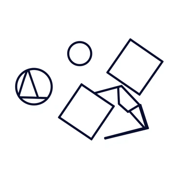 A minimalist branding design featuring a collection of simple geometric shapes. The elements include a circle, a triangle, and a square, all arranged in a balanced composition. The shapes are presented in a monochrome palette, utilizing variations of black and white. The background is a plain white, allowing the shapes to stand out prominently. The overall design conveys a sense of modernity and simplicity.