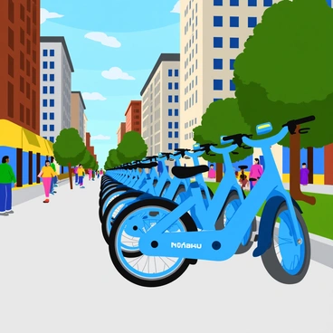 A row of identical smart bikes lined up for a bike-sharing program in a downtown area