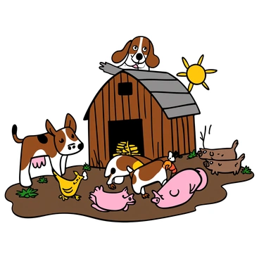 A beagle with a brown and white coat is exploring a barnyard. The dog has big ears and a curious expression as it watches various farm animals. Nearby, a cow with black spots is grazing, a few chickens are pecking at the ground, and a group of pigs is lounging in the mud. The barn is made of wooden planks, and hay is scattered around. The sun is shining brightly, casting soft shadows on the ground.