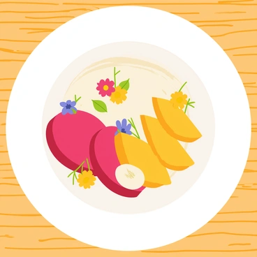 A round white plate displaying an assortment of gourmet beet dishes. The plate features slices of roasted beets in vibrant shades of deep red and golden yellow, artfully arranged alongside a creamy beet puree. Small dollops of tangy goat cheese are scattered around the beets, garnished with fresh microgreens. Edible flowers in bright colors, such as purple and yellow, are delicately placed atop the dishes, adding a touch of elegance to the presentation. The background is a simple wooden surface that enhances the focus on the colorful food arrangement.