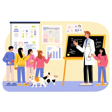 A veterinarian stands in a bright, colorful classroom at a pet shelter, surrounded by eager students. The veterinarian has short brown hair and wears a white lab coat with a stethoscope around their neck. They are gesturing towards a blackboard that displays charts about animal care and safety. In the foreground, there are various students of different ages, focused on the presentation, taking notes, and asking questions. Several small pets, including a fluffy white puppy and a calico kitten, are playfully interacting in the background, adding to the lively atmosphere of learning and engagement.