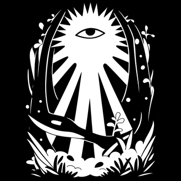 A large depiction of Shiva's third eye glowing with a radiant aura, emitting beams of divine energy. The light from the third eye casts radiant patterns on the surrounding area, penetrating through a dark, dense forest filled with towering trees and intricate foliage. Shadows intertwine with the beams of light, creating an interplay of illumination and darkness. The forest floor is covered in leaves and underbrush, and mist softly drifts through the scene, adding depth to the mysterious atmosphere.