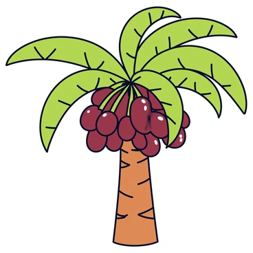 Clusters of ripe, juicy dates hanging from the branches of a date palm tree. The dates have a deep brown color and a slightly glossy appearance. The palm leaves are long and arch gracefully, creating a vivid green backdrop against the dates. The tree trunk is textured and sturdy, showcasing the rough bark. The scene captures the natural abundance of the dates in a bright, sunny environment.