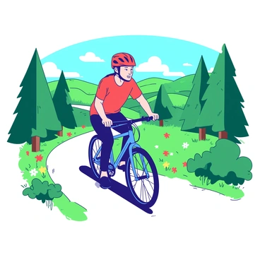 A person wearing a red helmet is riding a blue bicycle along a winding bike trail. The bicycle is shiny and new, with a sleek frame and bright reflectors. The trail is surrounded by lush green trees, and there are colorful wildflowers blooming along the sides. In the background, there are rolling hills under a clear blue sky, providing a picturesque view. The person appears to be enjoying the ride, with a slight smile on their face as they pedal down the trail.