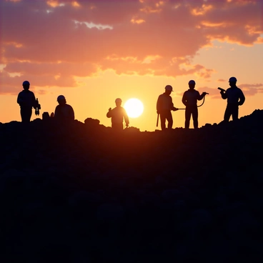 Silhouettes of several workers are positioned against the backdrop of a vibrant sunset at a quarry site. The sky is filled with shades of orange, pink, and purple, creating a dramatic contrast to the dark outlines of the workers. The figures of the workers include individuals wearing hard hats and safety gear, some holding tools or equipment. The rugged terrain of the quarry is visible, with jagged rocks and a sloped hillside in the foreground. The setting sun casts a warm glow, illuminating the scene from behind, enhancing the silhouettes of the workers engaged in their tasks.
